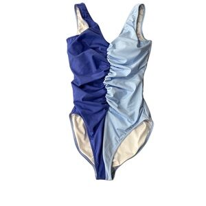Blue Two-Tone One Piece Swimsuit with Ruching